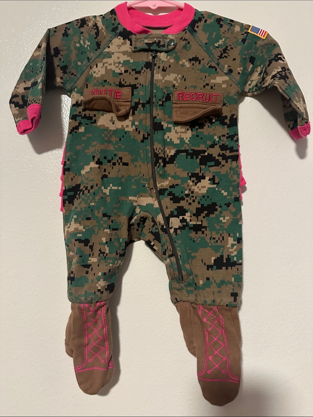 Camo One-Piece Footed Pajamas for Kids — Green Camo with Pink Trim